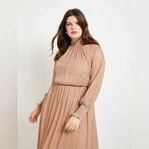 Eloquii Plus Size Shimmer Rose Gold Puff Sleeve Gathered Waist Dress sz 14
